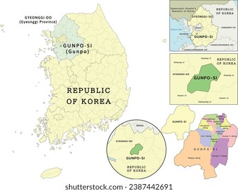 Gunpo-si (Gunpo) location on Gyeonggi-do (Gyeonggi Province) and Republic of Korea (South Korea) map. Clored. Vectored