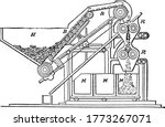 Gunpowder Mill is a breaking-down machine, with the parts labelled as, H, B, R and M, representing, hopper, endless band, rollers and boxes to receive meal, vintage line drawing or engraving.