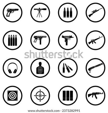Guns And Ammo Icons. Black Flat Design In Circle. Vector Illustration.