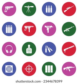 Guns And Ammo Icons. White Flat Collection In Circle. Vector Illustration.