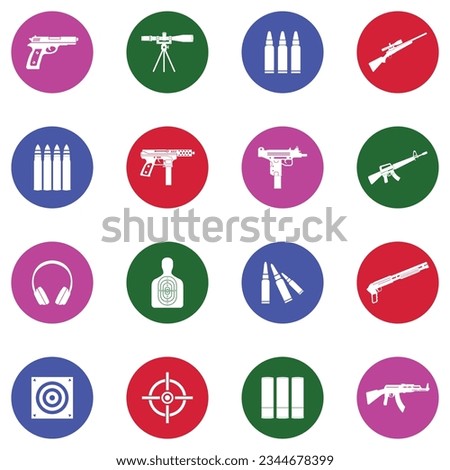 Guns And Ammo Icons. White Flat Collection In Circle. Vector Illustration.