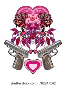 Guns and carnation vector drawing. Hand drawn romantic card.
