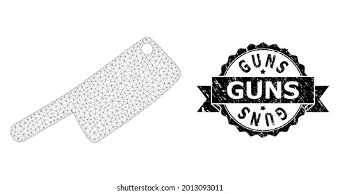 Guns dirty seal print and vector butchery knife mesh model. Black stamp seal includes Guns title inside ribbon and rosette. Abstract flat mesh butchery knife, built from flat mesh.