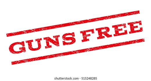 Guns Free watermark stamp. Text caption between parallel lines with grunge design style. Rubber seal stamp with scratched texture. Vector red color ink imprint on a white background.