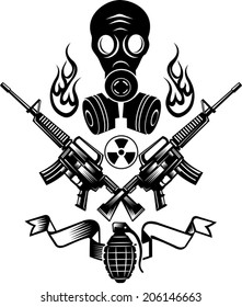 Guns and grenade bomb. tattoo Combat gas mask
