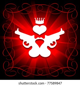 guns, heart and crown in shining red background
