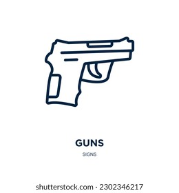 icono de armas de la colección de signos. Cañones lineales delgados, arma, icono de contorno de equipo aislado en fondo blanco. Signo de pistolas vectoriales de línea, símbolo para web y móvil