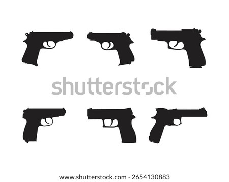 Guns Icons. Weapon Vectors. Simple Silhouettes of Various Handguns. A small firearm, either a police or military handgun, combined with the silhouette.