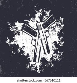 guns on the grunge splash, 2 pistols, t-shirt print, vector illustration