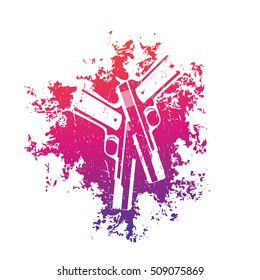 guns on the grunge splash, 2 pistols, handguns, t-shirt print over white, vector illustration