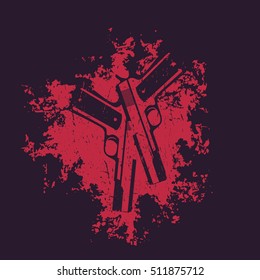 guns on the grunge splash, 2 pistols, handguns for t-shirt print, vector illustration
