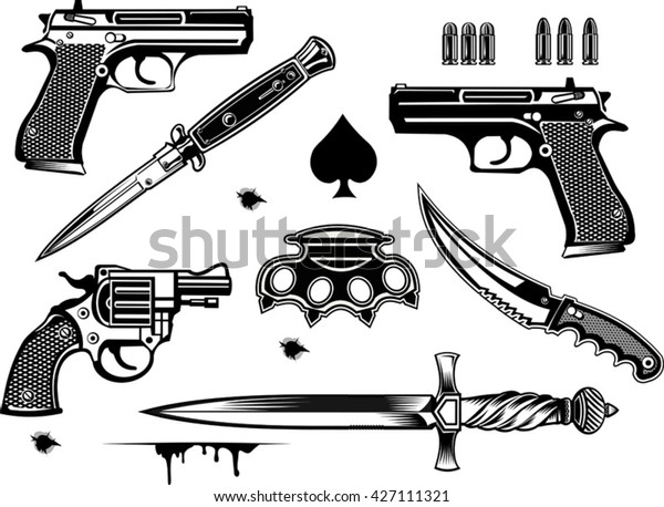Guns: Pistol and Revolver collection\
set of Bullet. Bullet Hole. Brass and dagger knife\

