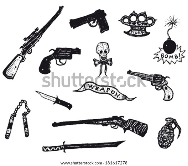 銃 リボルバー 武器 ライフルのセット 落書き風手描きの武器 銀の銃 警察のコルトと口径 リボルバー ピストル 狩猟銃 ナイフや刃物のセット イラスト のベクター画像素材 ロイヤリティフリー
