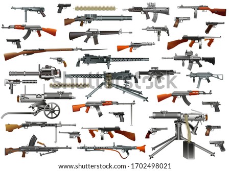 Guns and rifles vector icons set. Huge collection of old and modern weapons. Color vector isolated on white illustration. 