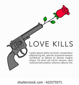 Guns and roses vector illustration. Love kills. Mono line trendy style