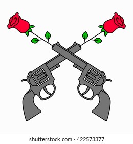 Guns and roses vector illustration. Mono line trendy style