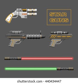 Guns set. Video game weapons. Virtual reality device collection. Light swords. Vector illustration