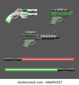 Guns set. Video game weapons. Virtual reality device collection. Light swords. Vector illustration