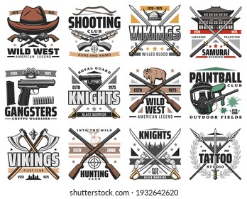 Guns and swords weapon retro icons. Shooting, hunting and paintball club, gangsters and vikings cold and firearm weapon, wild west, japan bushido and knight sword, tattoo studio vector emblems