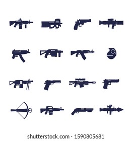 Guns And Weapons Icons, Rifles, Pistols, Submachine Guns