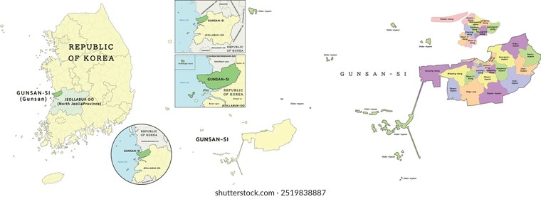 Gunsan-si (Gunsan) location on Jeollabuk-do (North Jeolla Province) and Republic of Korea (South Korea) map. Colored. Vectored