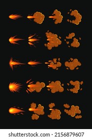 Gunshot animation on black background cartoon illustration set. Orange gun flashes with fire and smoke, explosive effect or bullet trace. Explosion, weapon, blast, burst concept