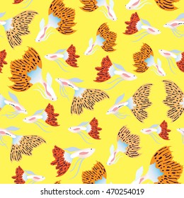 Guppy fish Pattern. Seamless Pattern yellow Background.