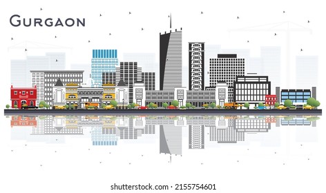 Gurgaon India City Skyline with Gray Buildings and Reflections Isolated on White. Vector Illustration. Business Travel and Tourism Concept with Modern Architecture. Gurgaon Cityscape with Landmarks.