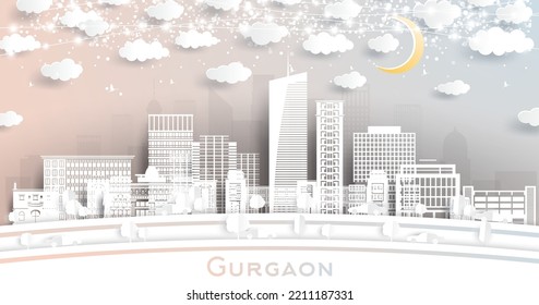 Gurgaon India City Skyline in Paper Cut Style with White Buildings, Moon and Neon Garland. Vector Illustration. Travel and Tourism Concept. Gurgaon Cityscape with Landmarks.