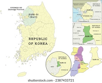 Guri-si (Guri) location on Gyeonggi-do (Gyeonggi Province) and Republic of Korea (South Korea) map. Clored. Vectored