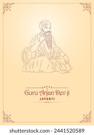 Guru Arjan Dev Birth Anniversary greetings with line drawing of Guru Arjan Dev Ji and typography.