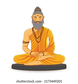 Guru, ascetic, sage, sadhu, saint, monk, yogi meditating concentrating. Saffron orange clothes sitting in yoga pose with Rudraksha beads. Traditional India - Asia festivals Vector illustration graphic