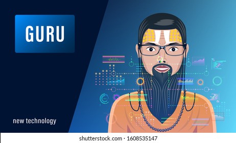 Guru, bearded man in glasses with painted face on a dark blue background, front view. Person in front of a futuristic holographic interface, HUD. Virtual reality vector illustration stock.