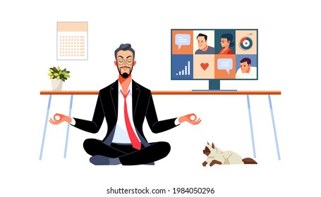 Guru businessman sitting on the floor and meditate with a cat. Illustrations flat design concept video conference. Online meeting work from home. Vector illustrate.