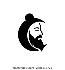 Guru Face in Full Moon Icon. Black filled icon portraying the serene face profile of a spiritual guru inside a full moon