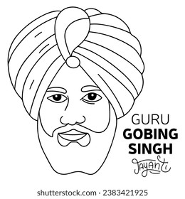 Guru Gobing Singh Jajanti outline square banner. Guru Gobing Singh face banner. Hand drawn vector art