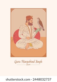 Guru Hargobind Ji Jayanti design Template with the illustration of Guru Guru Hargobind in mural style. Guru Hargobind Ji Jayanti Celebration Greetings.