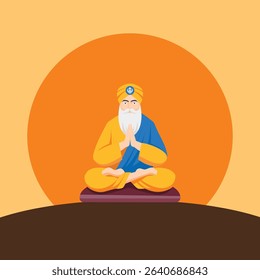 Guru Nanak Dev Ji, the founder of Sikhism, sitting cross-legged in a blessing posture. Depicted with a white beard, orange turban bearing the Khanda symbol, and blue robe