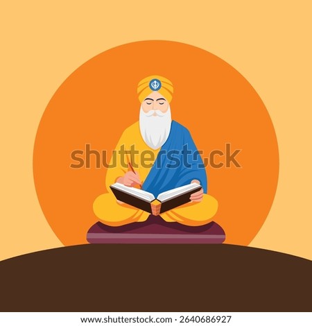 Guru Nanak Dev Ji, the founder of Sikhism, sitting cross-legged in a blessing posture. Depicted with a white beard, orange turban bearing the Khanda symbol, and blue robe