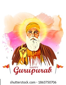 Guru Nanak Dev Ji,  Gurupurab or Prakash Parv festival celebration. concept, idea background with Sikh Flag colorful illustration and "happy Guru Nanak Jaynti" Hindi text on hand