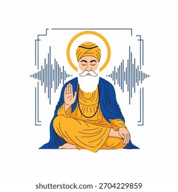 Guru Nanak Dev Ji meditando com a mão levantada em posição de bênção para Gurpurab