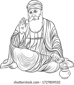 Guru Nanak Gracious vector sketch, Teaching religious symbol of peace, Sikh first founder