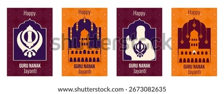 Guru Nanak holiday vector poster cover set. Vector illustration of Guru Nanak deva Khanda Gurdwara. Perfect indian greeting card cover collection. EPS 10