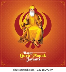 Guru Nanak Jayanti vector with illustration and sikh simbol on holy orange background and calligraphy 