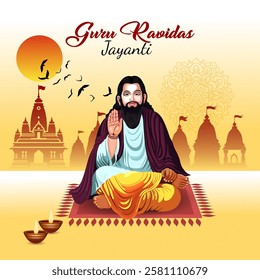  A Guru Ravidas Jayanti greeting card or poster featuring a portrait of Guru Ravidas with his name in Gurmukhi script The design reflects a respectful celebratory tone