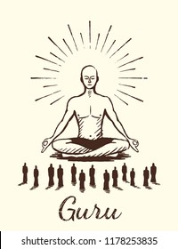 Guru, religion concept sketch. The giant teacher sits in a lotus position in front of his followers. Vector hand drawn illustration.