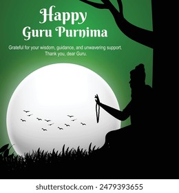 Guru silhouette with prayer beads under full moon. Celebrate Guru Purnima with gratitude for wisdom and support. Thank you, dear Guru.