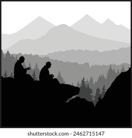 a guru, teacher teaching his disciple to his student while sitting on a rock,  landscape shot, hyperrealist, silhouette, mountain landscape