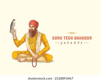 Guru Tegh Bahadur jayanti saudação design. Ilustração do Guru Tegh Bahadur segurando um falcão em suas mãos.