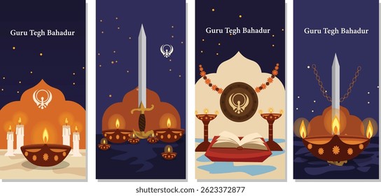 Guru Tegh Bahadur Ji Vetor Story Banners - Comemoração gráfica Sikh com Kirpan, Shield e Luzes